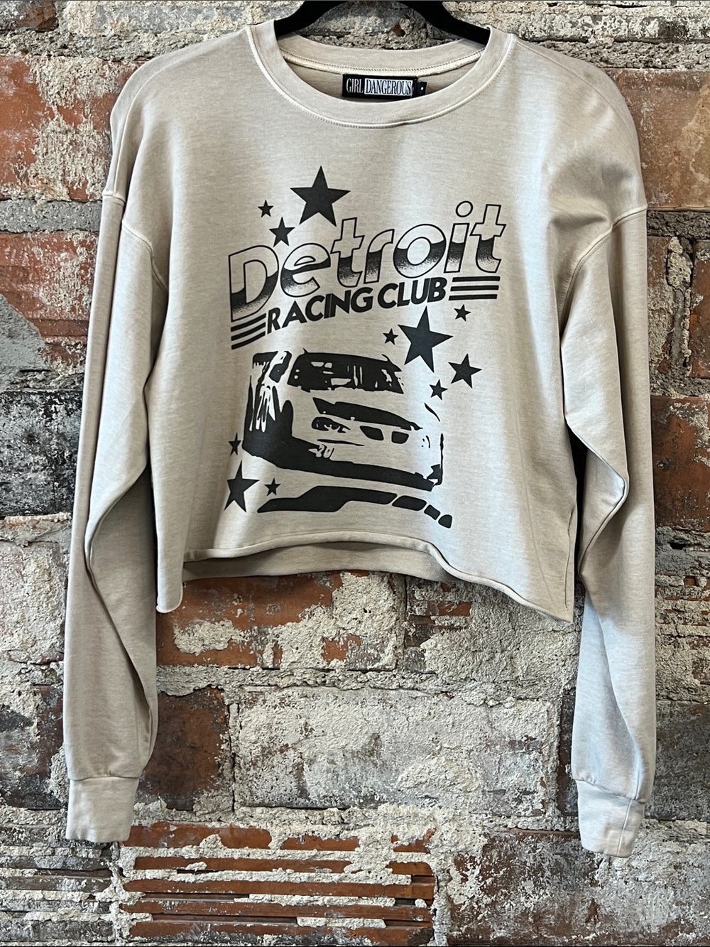 NWT Detroit Racing Club Graphic Cropped Sweatshirt - Beige & Black Sz Small